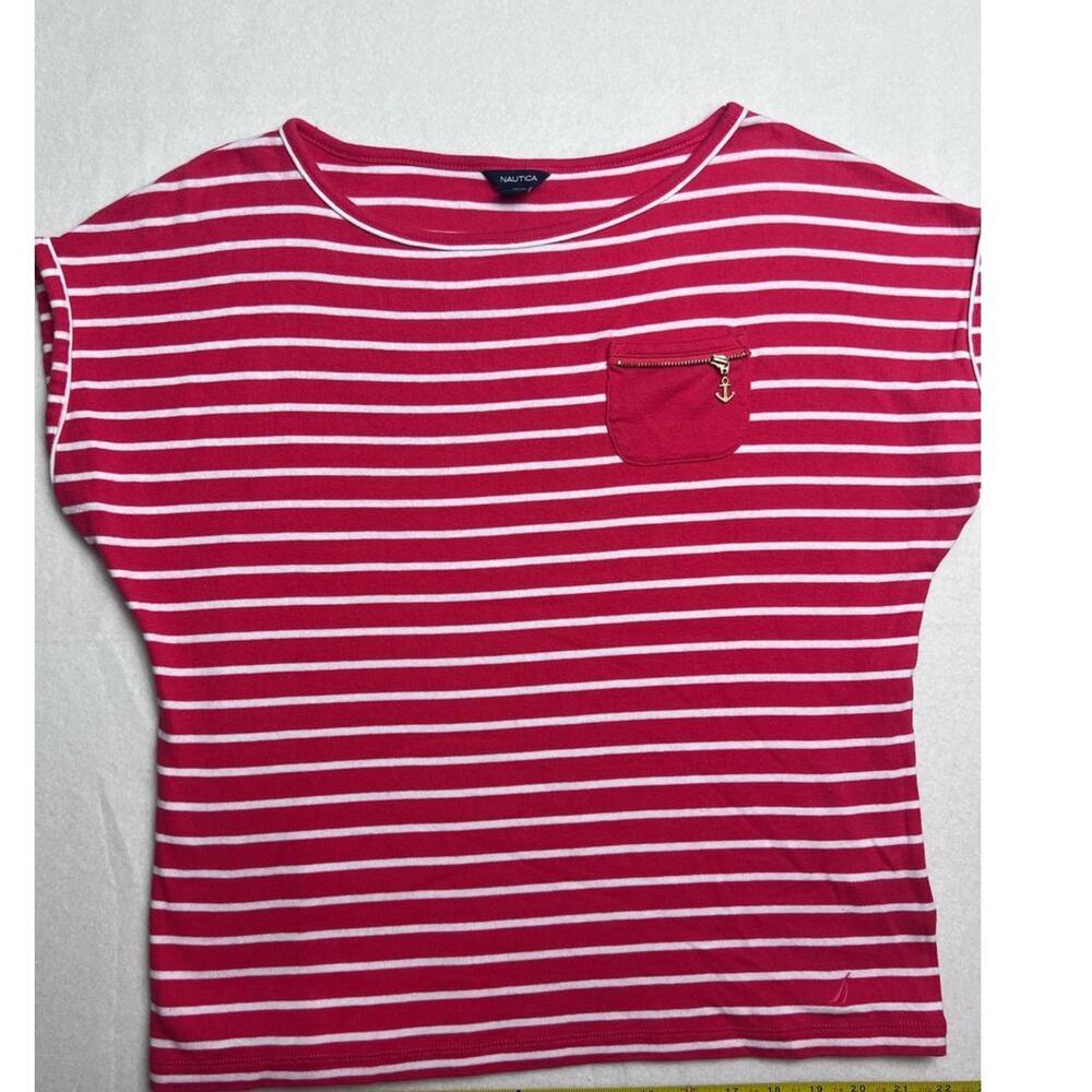 Nautica Women's Red White Striped Short Sleeve Shirt Size M Cotton Zip Pocket